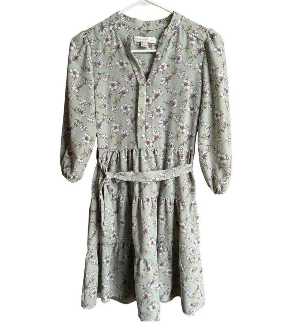 Monteau Los Angeles Green Floral Tiered Dress with belt & round neck size small